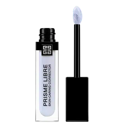 Frasco preto e branco da linha Prisme Libre da Givenchy, contendo um aplicador com ponta aveludada. O rótulo apresenta o nome do produto em destaque, com a marca Givenchy exibida em um símbolo gráfico.