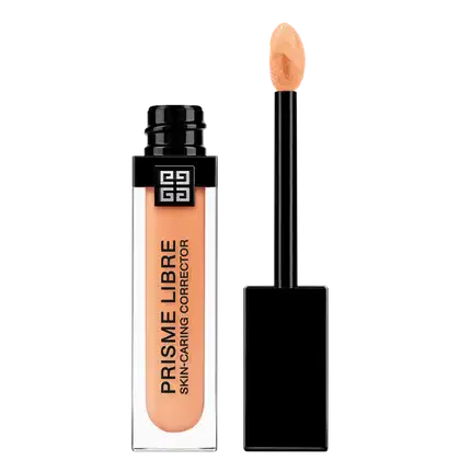Frasco preto com rótulo branco e laranja da linha Prisme Libre da Givenchy, contendo um corretivo de maquiagem com aplicador em formato de pincel.