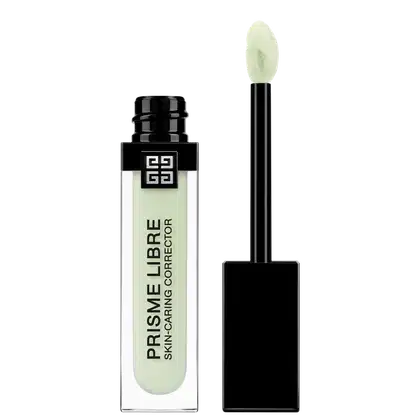 Frasco preto de maquiagem Givenchy Prisme Libre, contendo um aplicador. O rótulo exibe o nome da marca e o produto "Skin-Caring Corrector" em letras brancas sobre fundo preto.