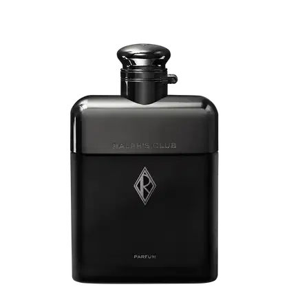 Frasco de perfume preto da marca Ralph's Club, com tampa arredondada e logotipo da marca em destaque. Embalagem minimalista e elegante, com textura e acabamento metálico.