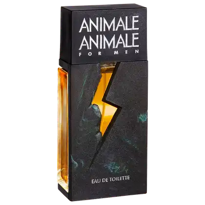 Perfume Animale Animale For Men em embalagem retangular preta com letras brancas "Animale Animale" e "For Men" na parte frontal. A embalagem apresenta um frasco de vidro âmbar com um relâmpago amarelo e detalhes verdes, representando o aroma.