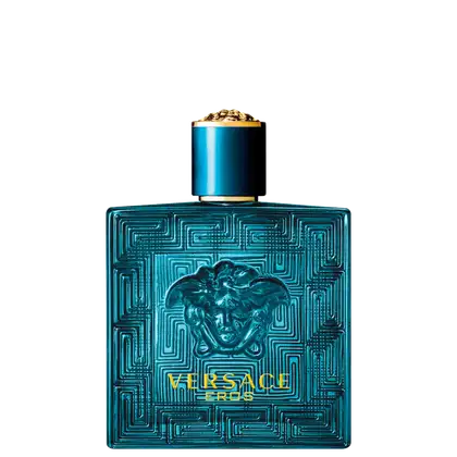 A imagem mostra o frasco de perfume da Versace, com cor azul brilhante. O topo do frasco apresenta o icônico emblema da Medusa, e tampa dourada com detalhes texturizados. Na frente, a marca escrito em amarelo e o nome do perfume abaixo.