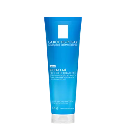 Tubo de limpeza facial da marca La Roche-Posay, com embalagem azul e branca, contendo o nome "Effaclar Reequilibrante" e informações sobre o produto, como "Espuma cremosa de limpeza" e "Reduz a oleosidade profundamente".