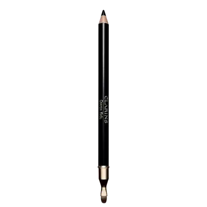 Lápis de olho preto da marca Clarins. O produto é um lápis de maquiagem preto com detalhes dourados nas extremidades. O corpo do lápis é cilíndrico e alongado, com a marca "Clarins" e a descrição "Crayon Khôl" (lápis de khol) impressas.