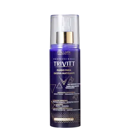 Frasco de produto de beleza da marca Itallian Hairtech, com rótulo roxo e dourado, contendo o nome "TRIVITT" e informações sobre seu uso como fluido para escova matizante.