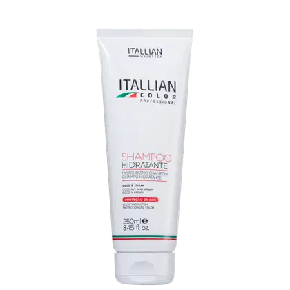 Shampoo hidratante da linha Itallian Color Professional. Texto "Shampoo Hidratante", descrevendo o produto como shampoo hidratante com coco e argan. Informações como volume de 250ml e proteção de cor.