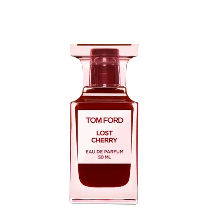 Frasco de perfume Tom Ford Lost Cherry, com embalagem vermelha escura e rótulo branco, contendo 100 ml de eau de parfum.