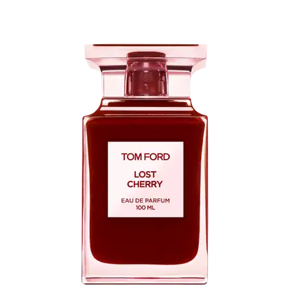 Frasco de perfume Tom Ford Lost Cherry, com embalagem vermelha escura e rótulo branco, contendo 100 ml de eau de parfum.