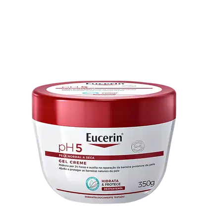 Gel creme da marca Eucerin, com pH 5, para pele normal a seca. Recipiente redondo de cor vermelha e branca, com rótulo informando sobre a hidratação e proteção da pele.