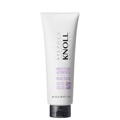 Tubo branco de 222 ml do produto de cuidados capilares "Moisture & Control Hair Pack" da marca Stephen Knoll, com rótulo preto e texto descritivo sobre os benefícios do produto.