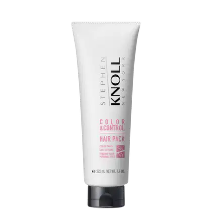 Tubo branco de 222 ml do produto de cabelo "Color & Control Hair Pack" da marca Stephen Knoll, com rótulo preto e rosa indicando cuidados com a cor e controle do estilo do cabelo.