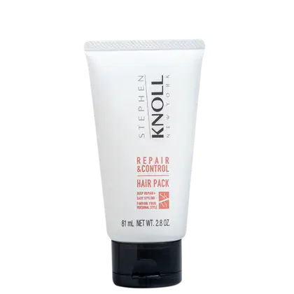 Tubo branco com rótulo preto e vermelho da marca Stephen Knoll, contendo um produto para cabelos chamado "Repair & Control Hair Pack" com 81 ml de volume.