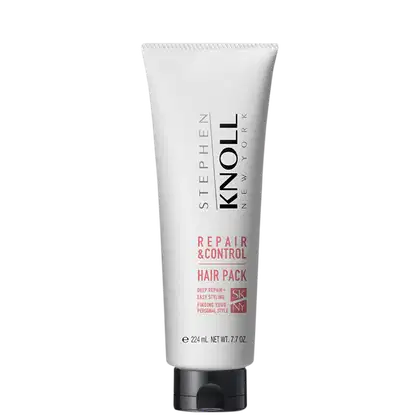 Tubo branco de 224 ml do produto de cabelo "Repair & Control Hair Pack" da marca Stephen Knoll, com rótulo preto e vermelho destacando os benefícios de reparo e controle.