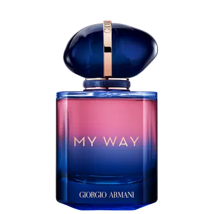 Frasco de perfume Giorgio Armani My Way, com design elegante em tons de azul e rosa, destacando o nome da fragrância em letras douradas.