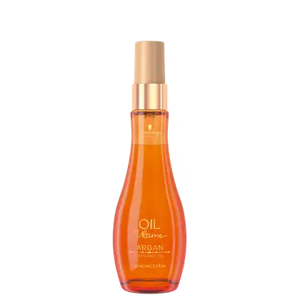 Frasco transparente de vidro na cor laranja  com tampa dourada. Rótulo laranja com texto dourado "Oil Ultime ARGAN Finishing Oil" e o logotipo Schwarzkopf. Volume de 100 ml.