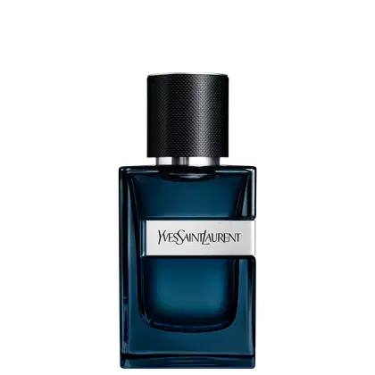 Frasco de perfume Yves Saint Laurent de cor azul escuro com rótulo branco e tampa preta de design minimalista. Embalagem elegante e sofisticada, com destaque para o nome da marca em letras brancas.