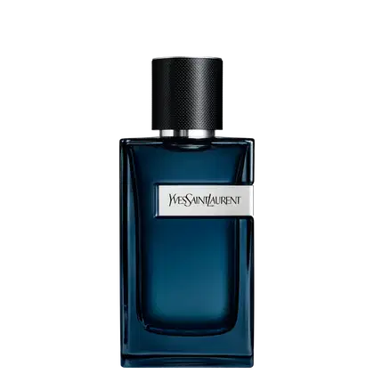Frasco de perfume da marca Yves Saint Laurent, com design elegante e moderno em tons de azul escuro e preto. O rótulo apresenta o nome da marca em destaque.