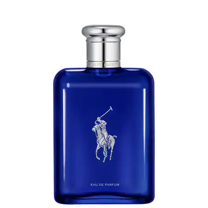 Frasco de perfume Ralph Lauren em tom azul intenso, com tampa prateada e logotipo da marca em destaque. Embalagem elegante e sofisticada, com informações sobre o produto impressas na parte frontal.