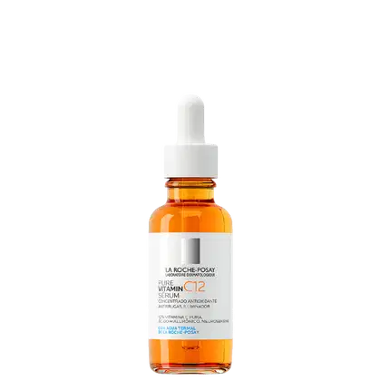 Frasco de vidro âmbar com conta-gotas branco contendo soro de vitamina C12 da marca La Roche-Posay, um produto cosmético antioxidante e iluminador.
