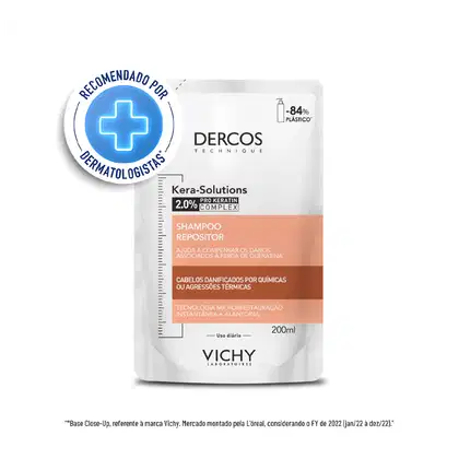 Frasco de shampoo repositor da marca Dercos Technique da Vichy, com 200ml de volume, contendo 2,0% de complexo de pró-queratina. Embalagem refil