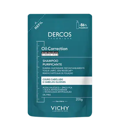 Shampoo purificante da linha Oil-Correction da Dercos Technique, da Vichy, em embalagem de 200g, com rótulo em tons de azul e branco destacando ingredientes como ácido salicílico e zinco PCA.