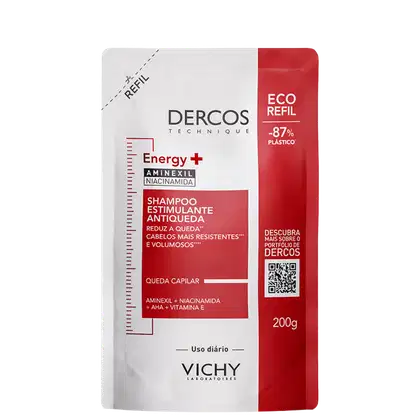 Embalagem de shampoo estimulante antiqueda da marca Dercos, em frasco plástico vermelho e branco, com rótulo destacando ingredientes e benefícios para cabelos resistentes e volumosos.