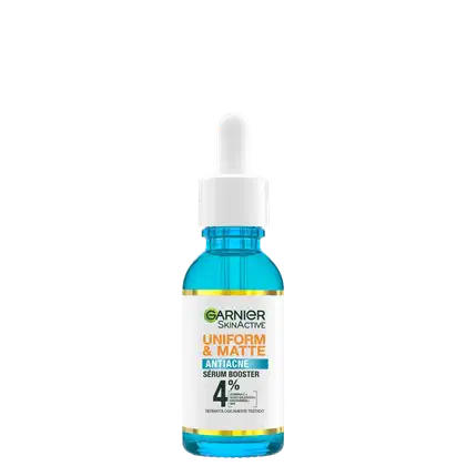Frasco de sérum antiacne Garnier Skin Active Uniform & Matte, com 4% de ingredientes ativos, em embalagem de vidro com conta-gotas e rótulo branco e azul.