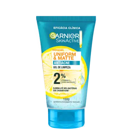 Gel de limpeza facial antiacne da marca Garnier Skinactive, em embalagem de tubo com 150g, com informações sobre sua fórmula com 2% de vitamina C e ácido salicílico.
