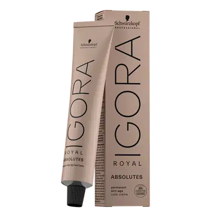 Coloração de cabelo da marca Schwarzkopf Professional, na cor nude, com o nome "Igora Royal" impresso em preto. O produto é descrito como uma tintura de cabelo permanente.