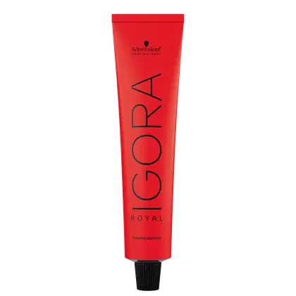 Coloração de cabelo da marca Schwarzkopf Professional, na cor vermelha, com o nome "Igora Royal" impresso em preto. O produto é descrito como uma tintura de cabelo permanente.