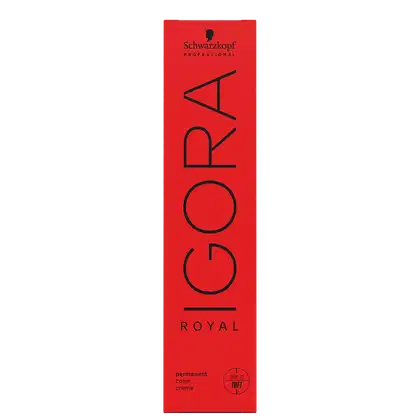 Coloração de cabelo da marca Schwarzkopf Professional, na cor vermelha, com o nome "Igora Royal" impresso em preto. O produto é descrito como uma tintura de cabelo permanente.