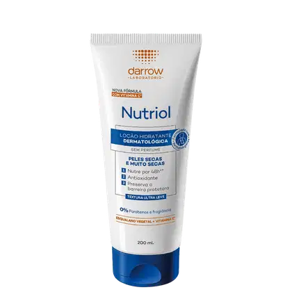 Embalagem plástica branca e azul de 200ml. Rótulo com texto descrevendo os benefícios para peles secas e muito secas, como nutrição por 48 horas, ação antioxidante e preservação da barreira protetora.