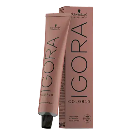 Coloração de cabelo da marca Schwarzkopf Professional, na cor nude, com o nome "Igora Color10" impresso em preto. O produto é descrito como uma tintura de cabelo permanente.