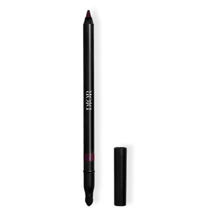 Lápis de maquiagem Dior de cor escura, com embalagem preta e tampa removível. O produto possui o nome da marca "Dior" impresso em letras brancas.
