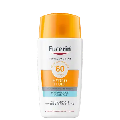 Frasco branco e laranja da marca Eucerin contendo protetor solar com FPS 60, com texto "Proteção Solar" e "Hydro Fluid" em destaque.