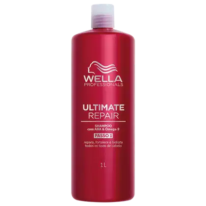 Shampoo Ultimate Repair da linha Wella Professionals. Embalagem vermelha com capacidade de 1 litro. Texto Ultimate Repair, informações sobre o produto e logotipo da marca Wella em branco.