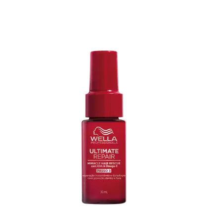 Produto da linha Ultimate Repair da marca Wella Professionals. Frasco plástico vermelho brilhante com formato cilíndrico. Rótulo indicando "Miracle Hair Rescue com AHA & Omega-9", passo 3 de "reparação instantânea e duradora com proteção dentro e fora".