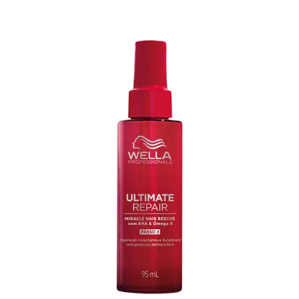 Produto da linha Ultimate Repair da Wella Professionals. Frasco plástico vermelho brilhante com formato cilíndrico e tampa da mesma cor. Rótulo com o logotipo da Wella, nome do produto "Ultimate Repair Miracle Hair Rescue" e descrição "com AHA & Omega-9".