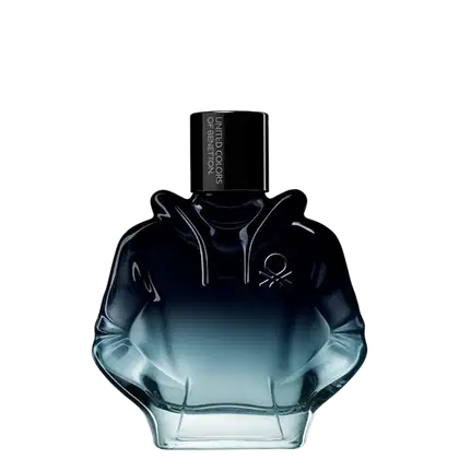 Frasco de perfume preto e azul da marca United Colors of Benetton, com design moderno e minimalista.