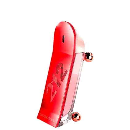 Frasco de perfume 212 Heroes For Her Collector Edition vermelho com design em formato de skate,  contendo o nome "212" em destaque. 