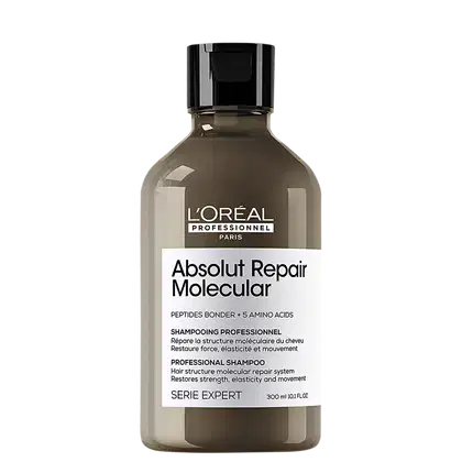 Shampoo da marca L'Oréal Professionnel Paris, com rótulo "Absolut Repair Molecular" e informações sobre o produto, incluindo "Peptides Bonder + 5 Amino Acids" e "Professional Shampoo".