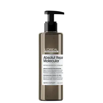 Frasco de sérum de cabelo L'Oréal Professionnel Absolut Repair Molecular, com bomba doseadora preta. Rótulo branco e cinza com informações sobre o produto, que promete reparação molecular do cabelo.