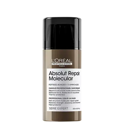 Frasco preto e bege da linha Absolut Repair Molecular da L'Oréal Professionnel, um tratamento capilar profissional que restaura a força, elasticidade e movimento dos cabelos.