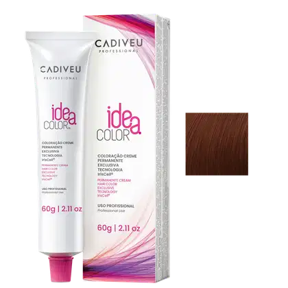 Caixa e tubo de creme de coloração permanente da marca Cadiveu Professional, com tecnologia Irisoft. Embalagem em tons de rosa e roxo, com texto "Idea Color" destacado.
