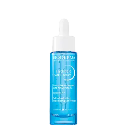 Frasco de sérum hidratante Hydrabio Hyalu+ da Bioderma, com 30 ml de volume, em embalagem de vidro transparente com rótulo azul e branco destacando os ingredientes de ácido hialurônico e glicerina.