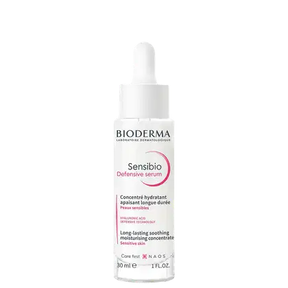 Frasco branco com conta-gotas da linha Sensibio da Bioderma, contendo sérum Bioderma Sensibio Defensive