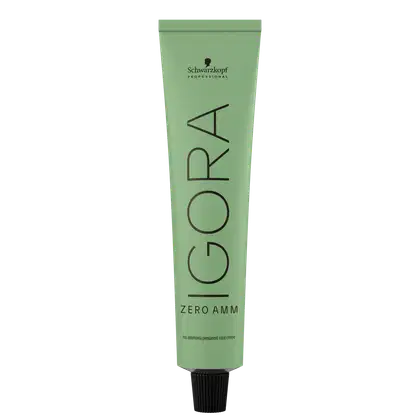 Coloração de cabelo da marca Schwarzkopf Professional, embalagem cor verde, com o nome "Igora Zero AMM" impresso em preto. O produto é descrito como uma tintura de cabelo permanente.
