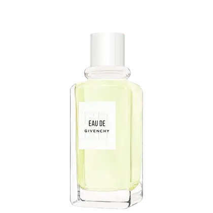 Frasco de perfume Eau de Givenchy com design minimalista em branco e amarelo claro. Rótulo com o nome da marca Givenchy em letras brancas sobre fundo branco.