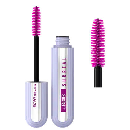 Dois produtos Maybelline: um rímel de cor rosa vibrante em embalagem preta e branca, e um produto para cílios com escova de cerdas rosa em embalagem branca e roxa.