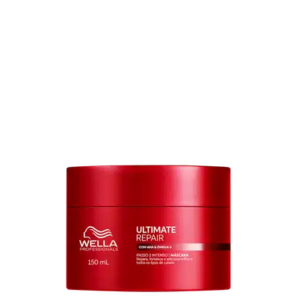 Frasco vermelho da linha Ultimate Repair da Wella Professionals, com 150 ml de capacidade. O rótulo destaca os ingredientes AHA e Omega-9 e menciona que o produto é uma máscara intensiva para reparar, fortalecer e adicionar brilho aos fios de cabelo.
